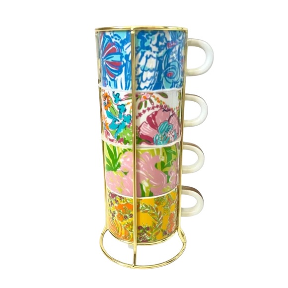 LILY PULITZER 5 piece Porcelain Stacking Espresso Mugs with Stand -8.8oz